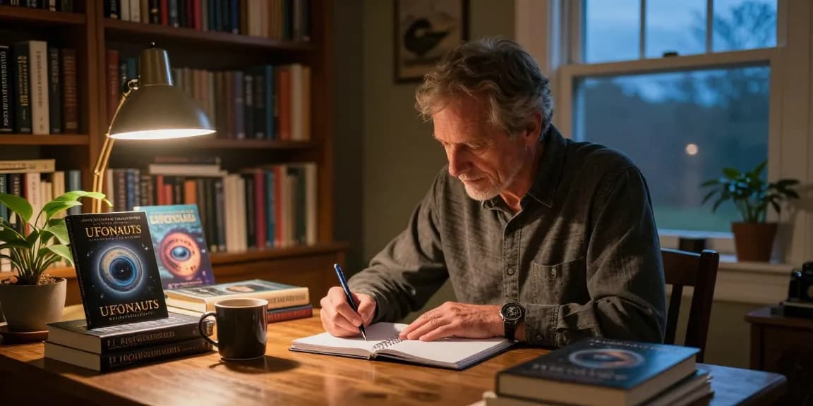 T Allen Greenfield writing in a cozy library setting with books about spirituality and UFOs at https://tallengreenfield.com.