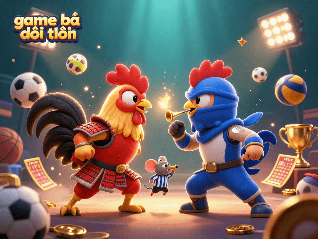 Experience thrilling game bài đổi thưởng with exciting roosters battling amidst vibrant sports elements.