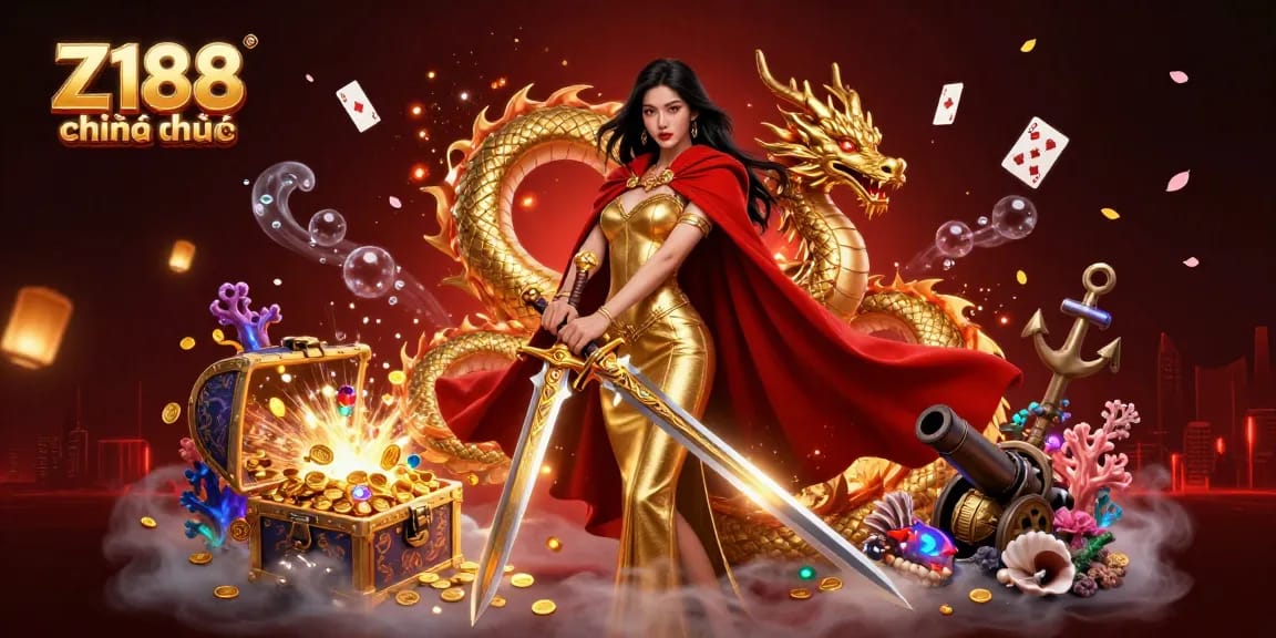 Z188 chính thức showcases a warrior queen and a golden dragon with thematic casino elements for online gaming.