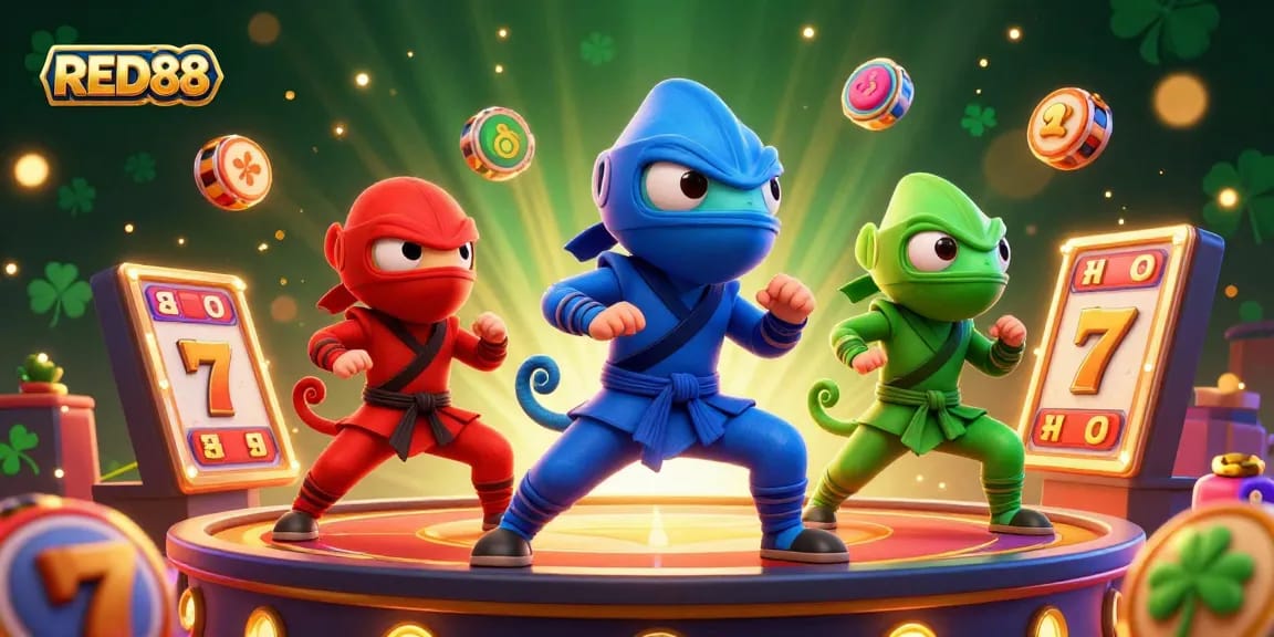 Experience exhilarating gameplay with RED88 as the ninja chameleon team engages in thrilling poses atop a vibrant casino rooftop.