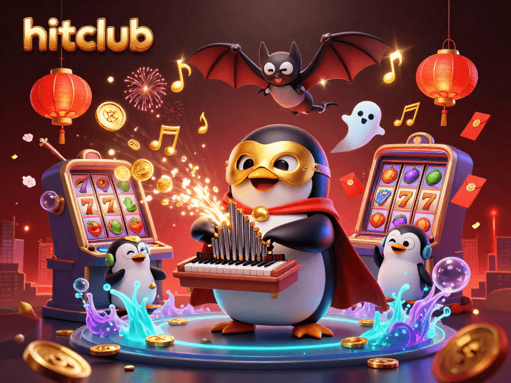 Play exciting games at hitclub, featuring a whimsical 3D scene of a penguin organist surrounded by casino elements.