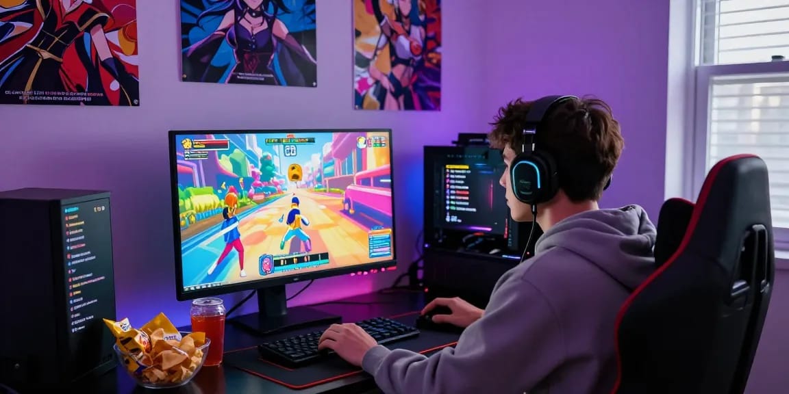 Gamer engaged in an ecchi game with colorful graphics in a cozy gaming setup.