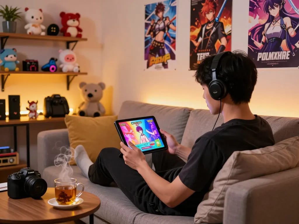 Player experiencing immersive porngames on a tablet in a cozy gaming room filled with vibrant decorations.
