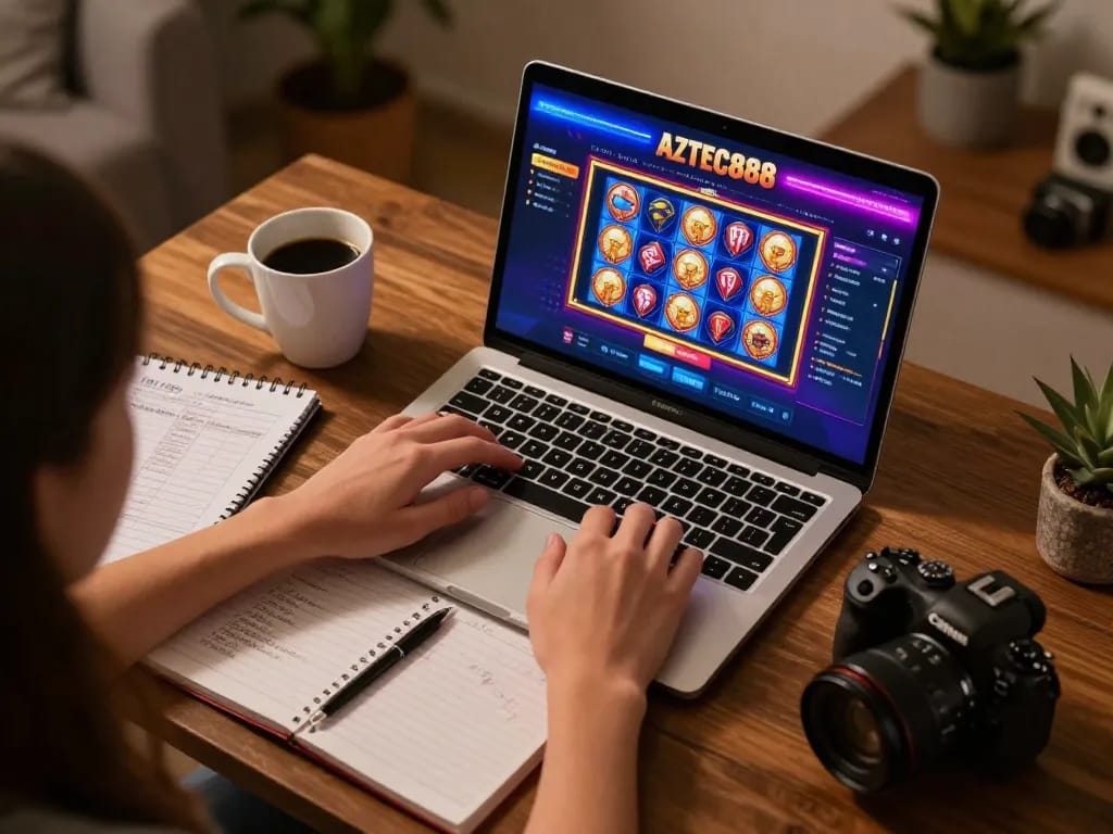 Player engaging with AZTEC888 online casino game on laptop, showcasing colorful interface and responsible gaming setup.