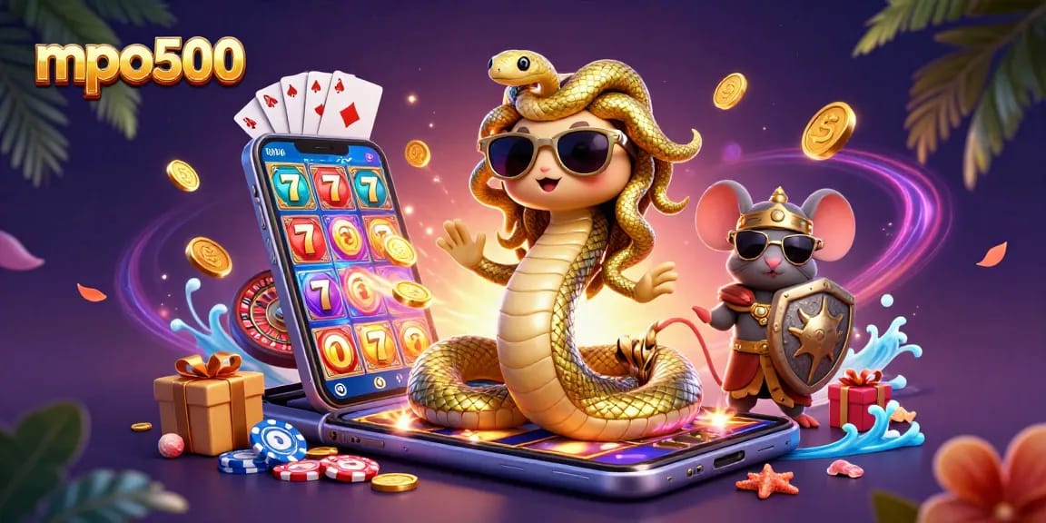 Experience exciting gaming with mpo500 in a dynamic illustration featuring vibrant casino elements.