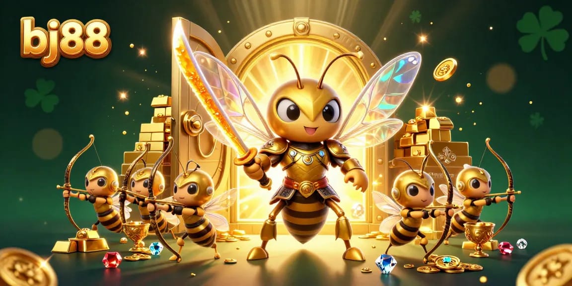 Bettors engage with bj88's vibrant casino atmosphere, highlighted by a golden hornet and treasure elements.