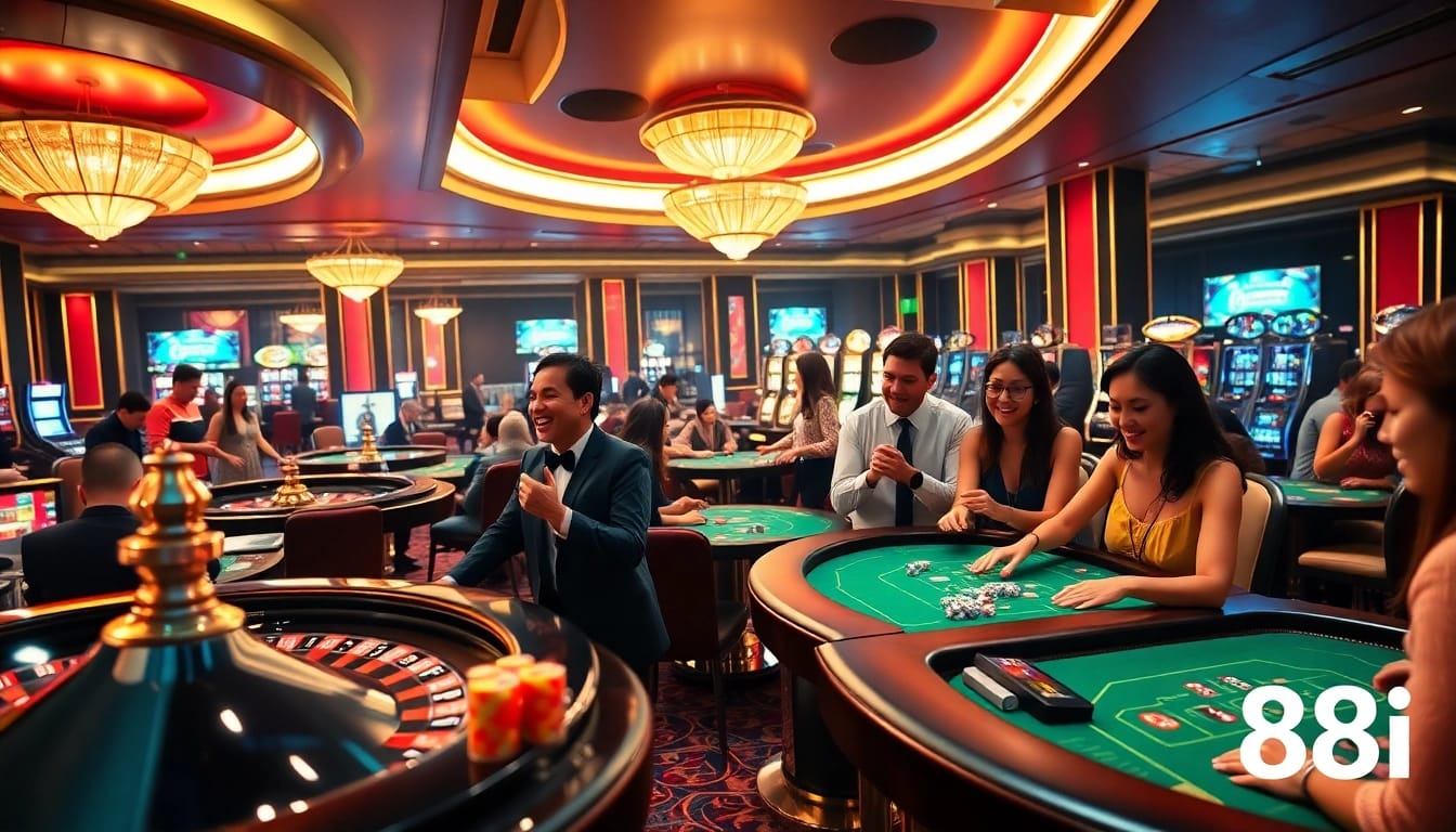 Players enjoying casino games at 88i, featuring roulette, poker, and vibrant slot machines in a luxurious setting.