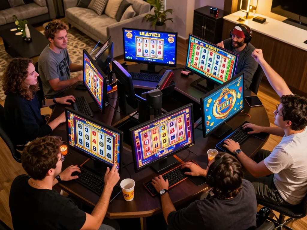 Permainan slot online yang menarik di Ulat123 dengan layar yang berwarna-warni dan teman-teman yang bersorak.
