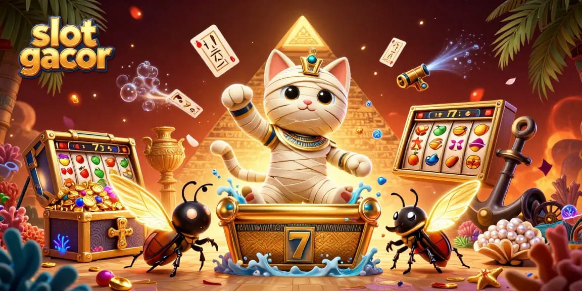 Slot gacor menghadirkan ilustrasi 3D dari kucing mumi keluar dari sarkofagus di kasino piramida.