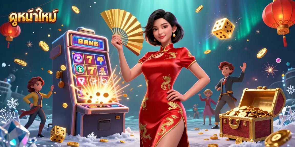 Play ดูหนังใหม่ with a stunning Asian woman in a dynamic casino scene, surrounded by gold coins.