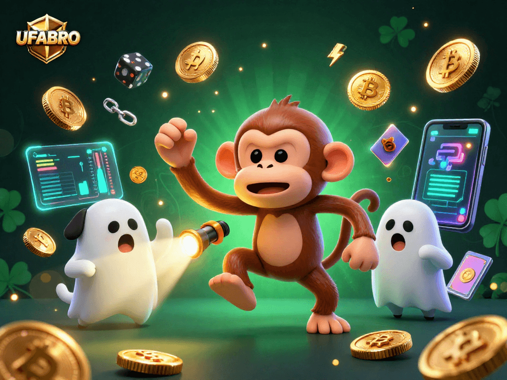 Experience the excitement of UFABRO with a mischievous monkey and ghost-hunter puppy in a lively casino scene.