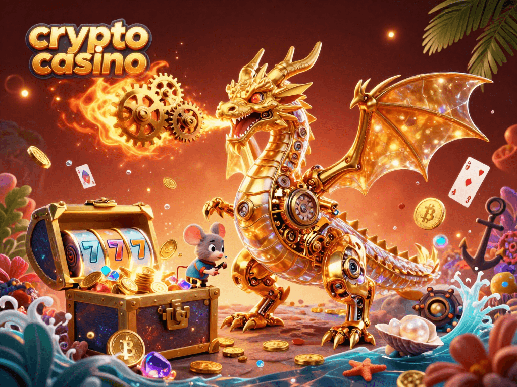 Engage in a thrilling crypto casino experience with a golden dragon amid glowing treasures and coins.