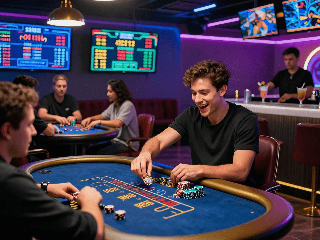 Engaging scene at a crypto casino with diverse players enjoying games and cryptocurrency betting.