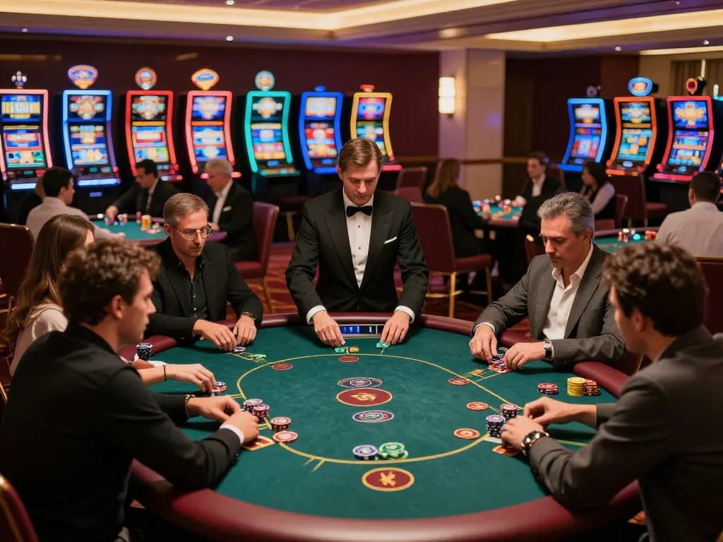Players engaging at a poker table in SC 88 casino, showcasing strategic gameplay and vibrant casino atmosphere.