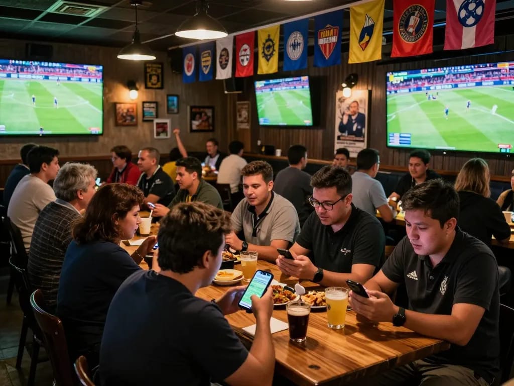 Excitement at a sports bar as fans engage in trang cá cược bóng đá while watching a live match, creating a lively atmosphere.