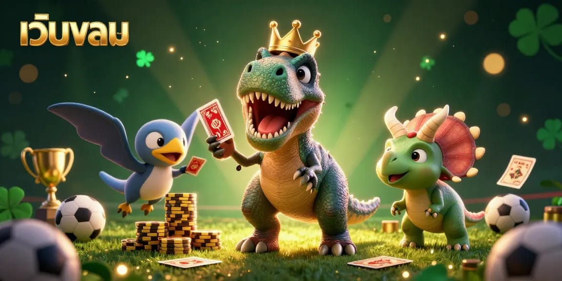 Place your bets with เว็บบอล as a friendly T-Rex shuffles cards alongside vibrant sports elements.