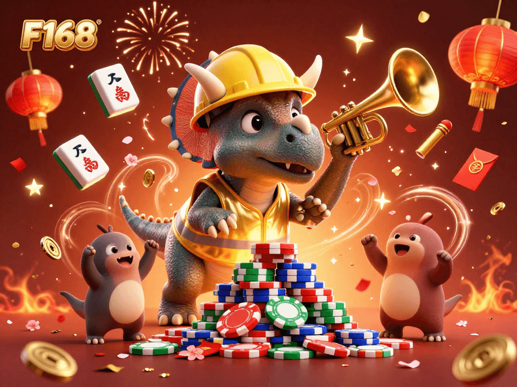 Experience F168 gaming excitement as triceratops build poker chip towers amid festive celebrations.