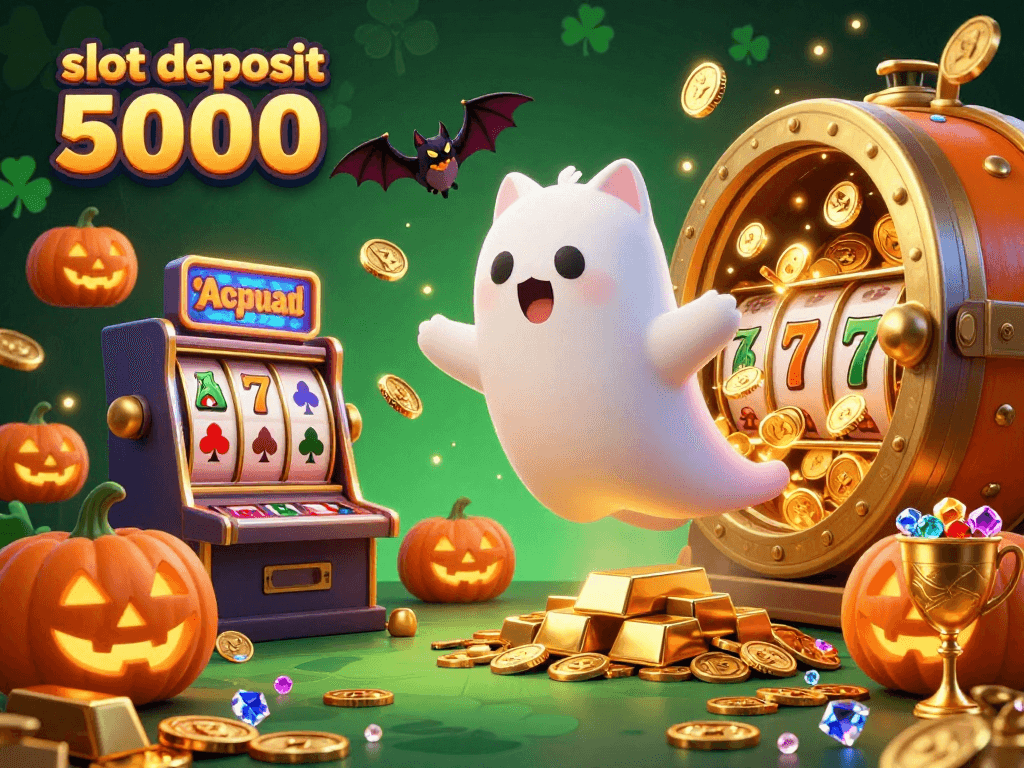 Experience excitement with slot deposit 5000, as gold coins and winning spins come alive in a thrilling casino illustration.