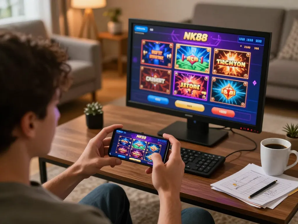 Engaging with NK88 mobile casino app for exciting gaming experiences from home on a smartphone