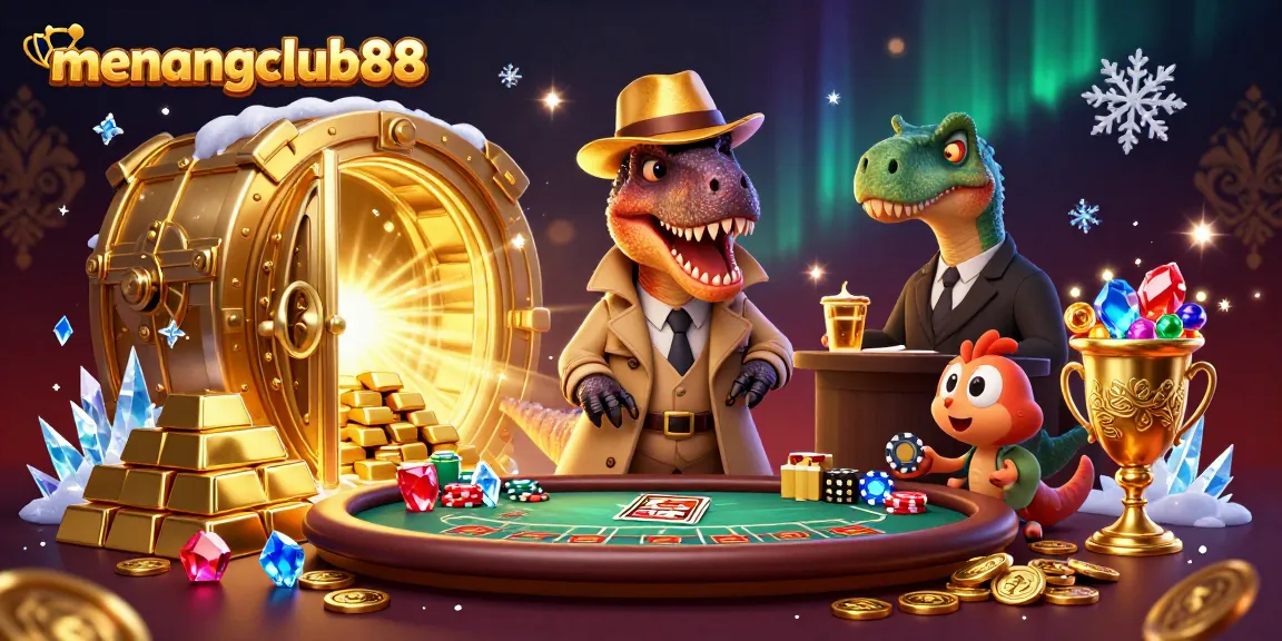 Join the fun at menangclub88 with a velociraptor card counter amidst treasures and gaming excitement