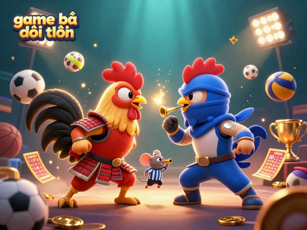 Experience thrilling game bài đổi thưởng with exciting roosters battling amidst vibrant sports elements.