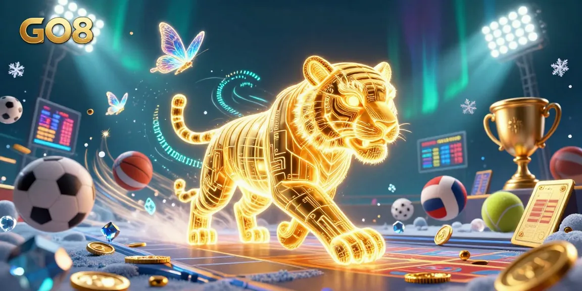 Experience the excitement of GO8 with a dazzling 3D casino illustration featuring neon elements and sports betting.
