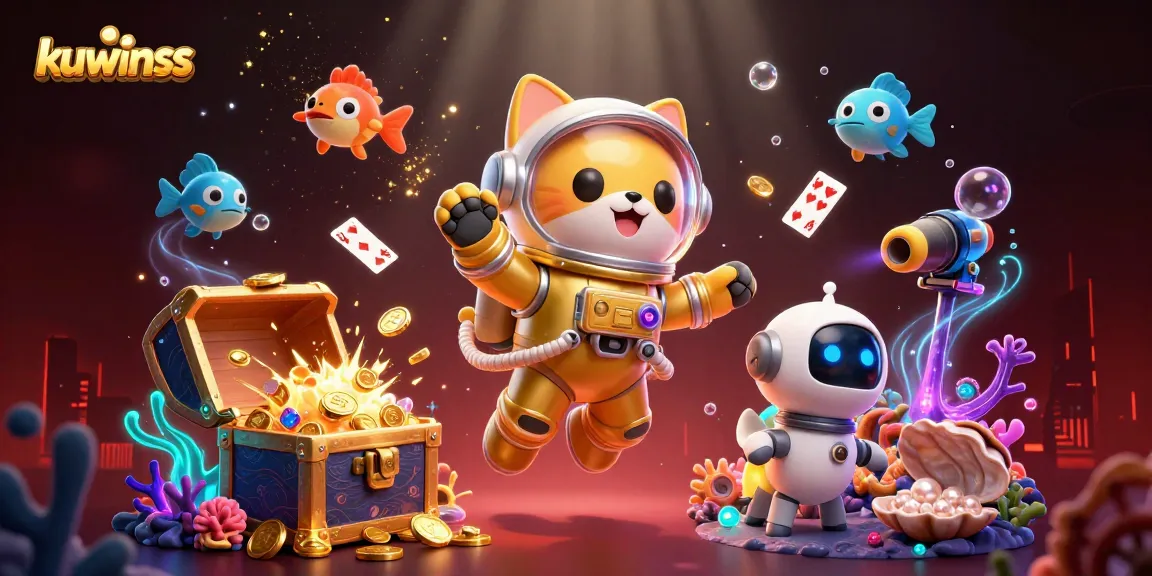 Capture thrilling moments with kuwinss, featuring a 3D cat astronaut and vibrant casino elements.