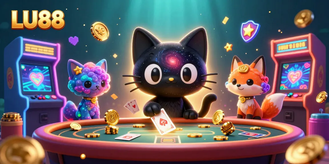 Engage with LU88 gaming magic as a black hole cat attracts casino chips in a cosmic casino.