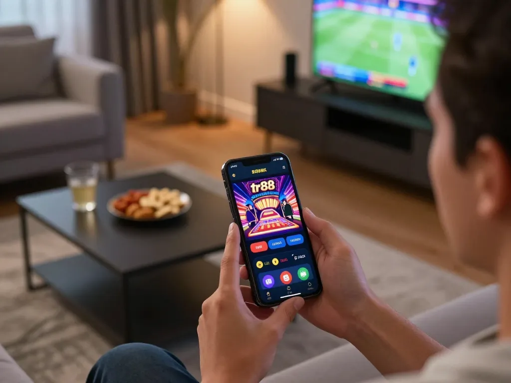 Experience the excitement of tr88 sports betting on a smartphone in a cozy living room setting.