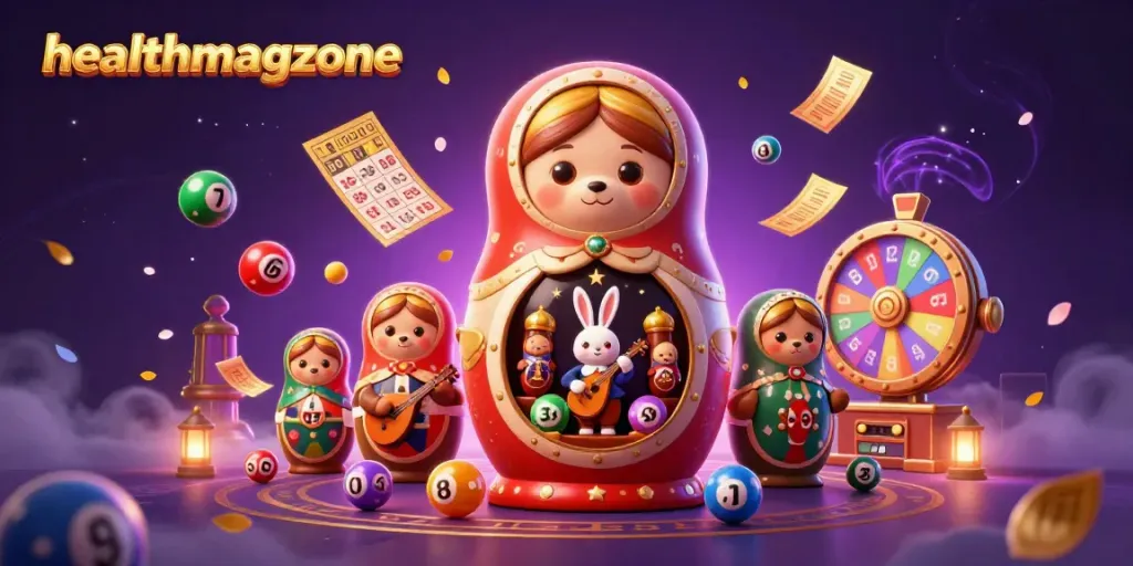 Menghitung kemenangan di healthmagzone, dengan karakter kasino kartun ceria dan elemen lotre.