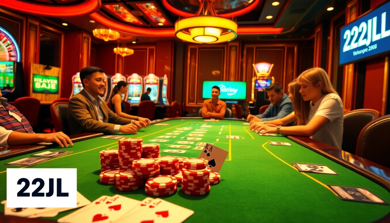 Experience thrilling gameplay at 22JL casino with vibrant poker chips and dynamic slot machines.
