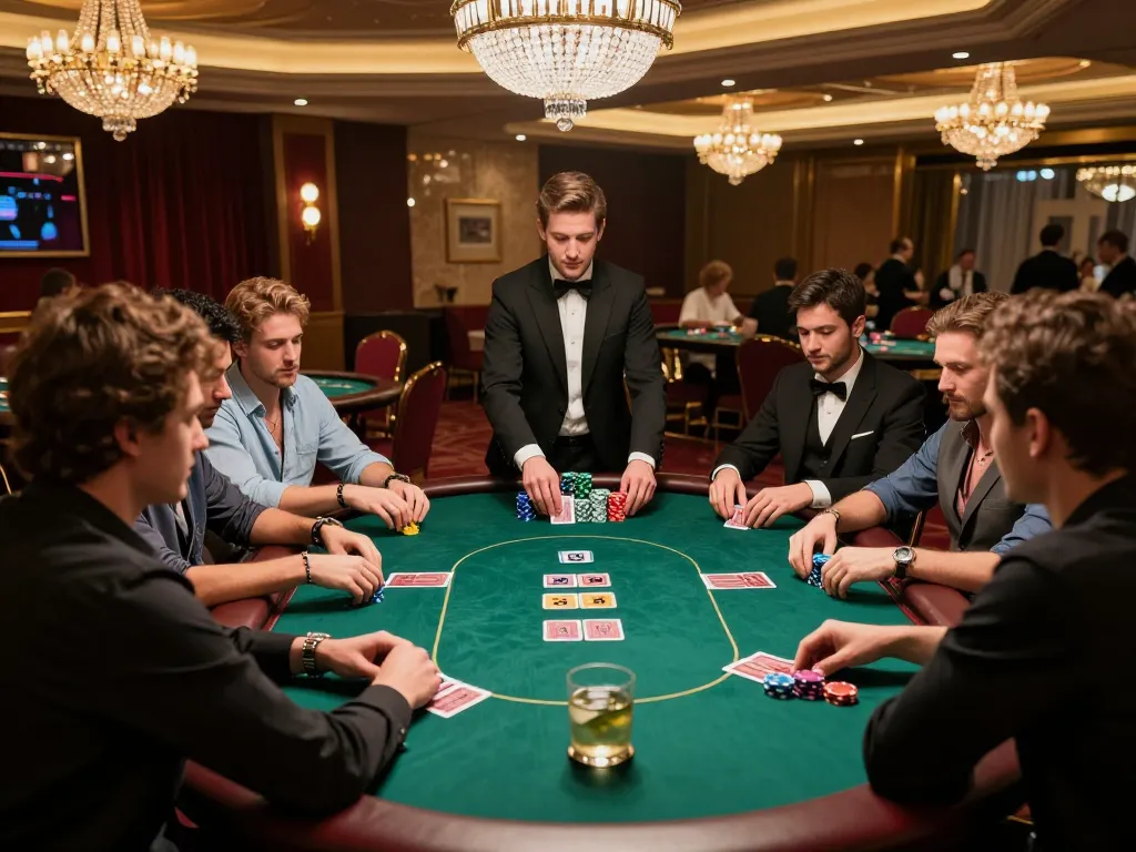tr88 poker players strategizing in a luxurious casino with elegant decor and vibrant atmosphere