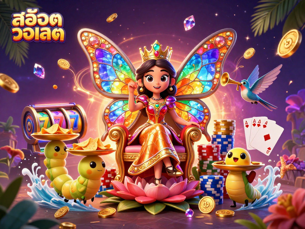 Experience สล็อตวอเลท with a vibrant 3D scene of a butterfly queen and cascading slots elements.