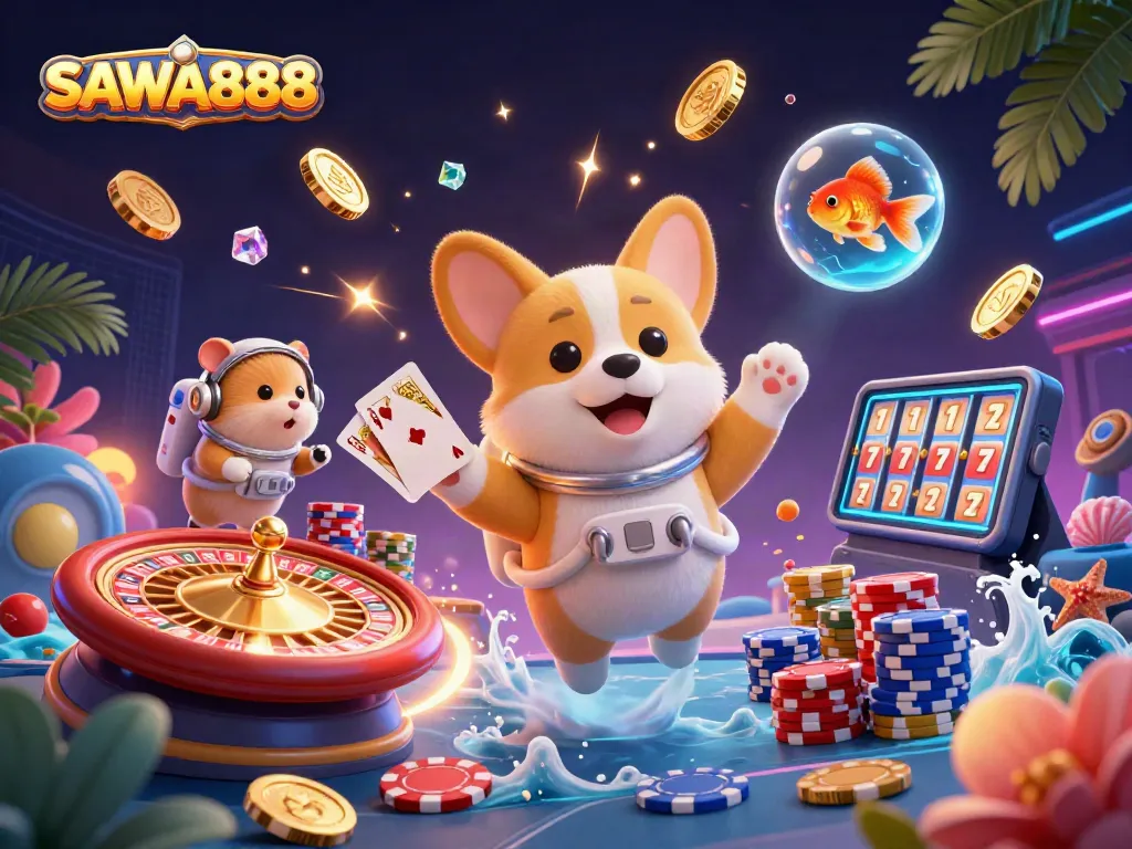 SAWA888 showcases a vibrant casino scene with an astronaut corgi and dynamic game elements.