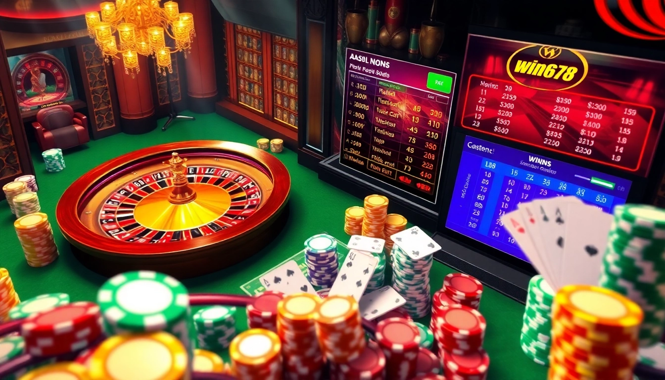 Experience thrilling gameplay at win678, featuring poker chips and a spinning roulette wheel in a vibrant digital casino.