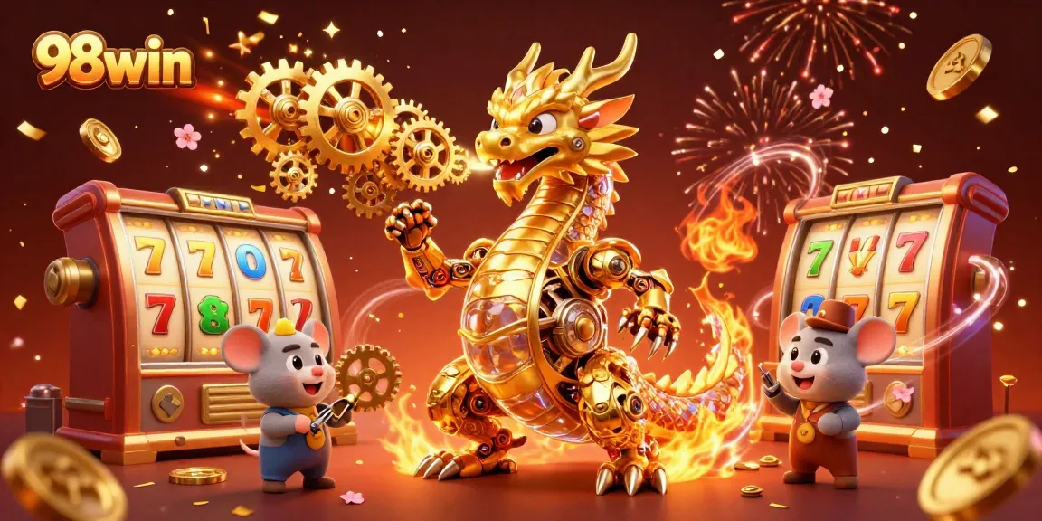 Experience thrilling gameplay with 98win's animated golden dragon celebrating with slot reels and coins.