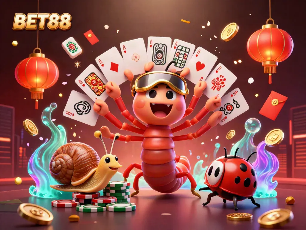 Experience the vibrant world of BET88 with a cartoon scene featuring dealers and exciting casino elements.