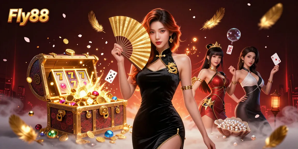Engage in captivating Fly88 gaming moments with stunning visuals of a glamorous Asian woman and dynamic slot elements.