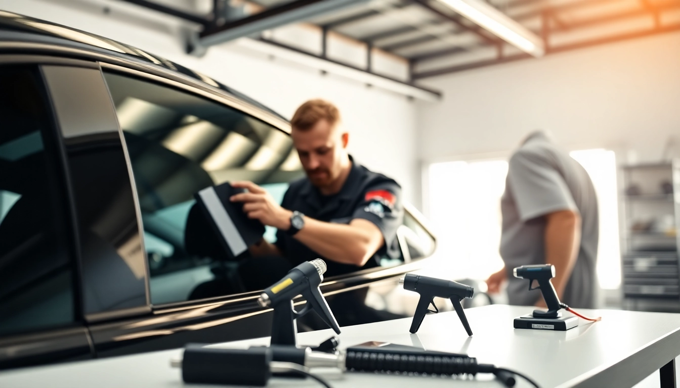 Applying ceramic window tint to a car window by a professional installer in a bright garage.