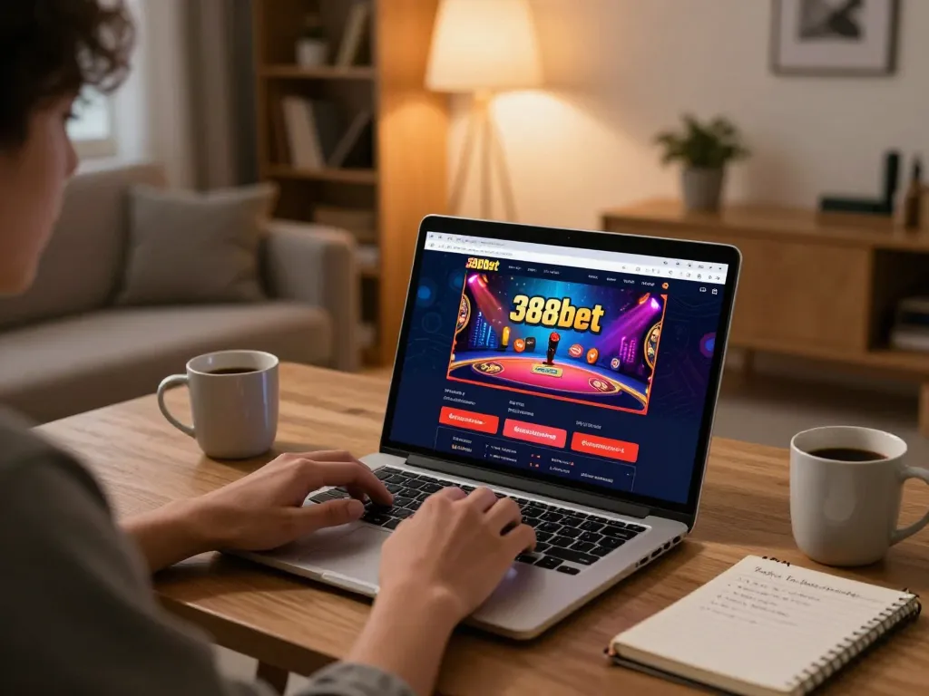 Engage with 388bet through an engaging online gaming session at home, highlighting strategy and comfort.