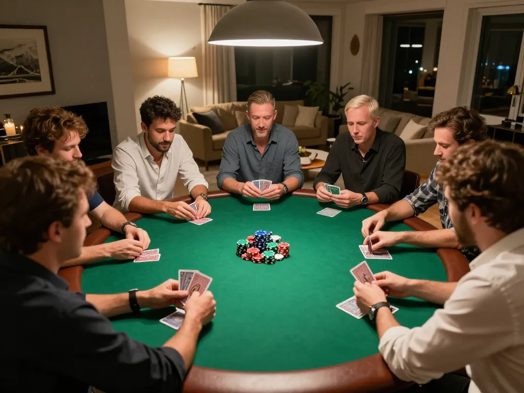 king33 players enjoying an exciting home poker night, engaged in strategic gameplay with colorful chips and cards.