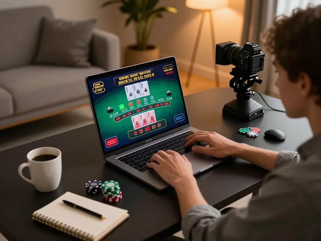 Engaged player enjoying link kjc on laptop during an online blackjack game in a stylish home setting.