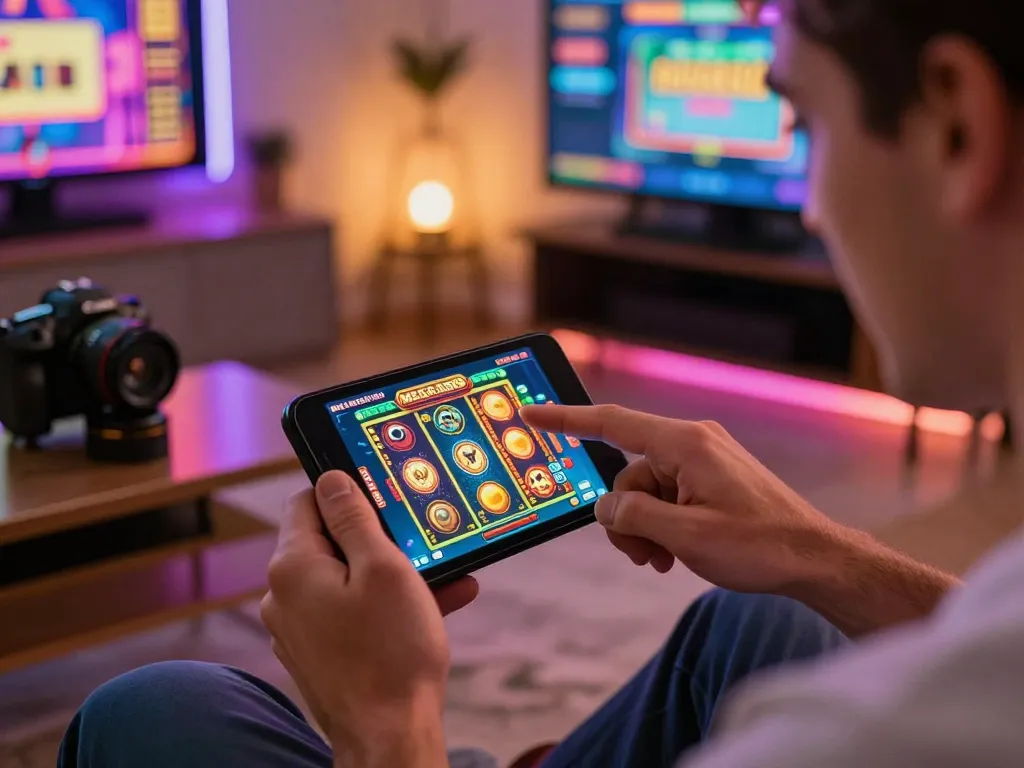 Player winning with free credit mega888 on mobile device celebrating in stylish gaming setup.