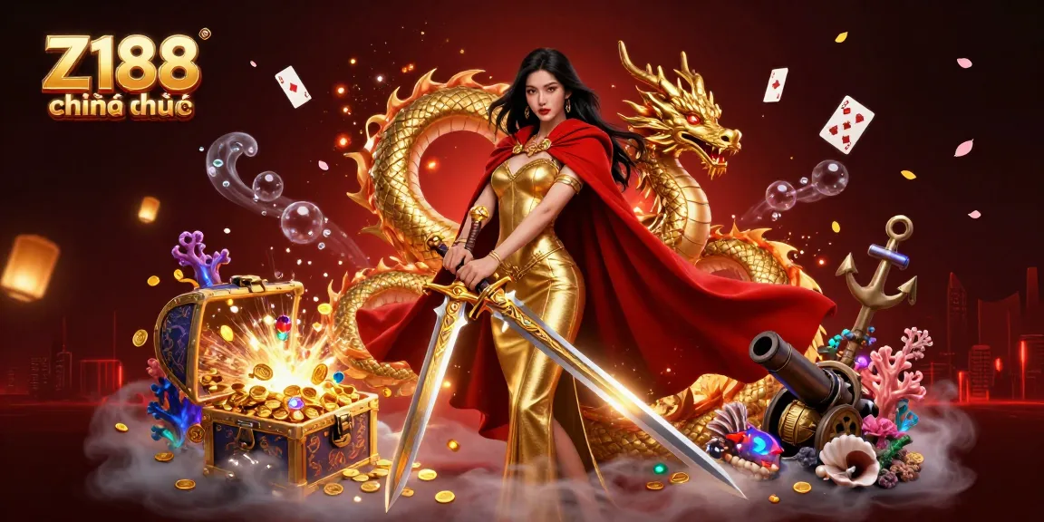 Z188 chính thức showcases a warrior queen and a golden dragon with thematic casino elements for online gaming.