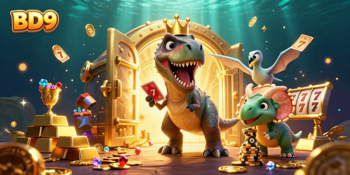 BD9 platform showcases a colorful T-Rex dealer and friends in an exciting casino scene.