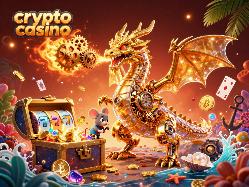 Engage in a thrilling crypto casino experience with a golden dragon amid glowing treasures and coins.