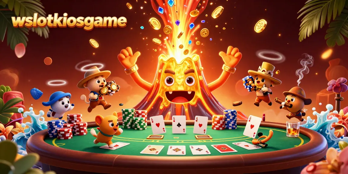 Wslotkiosgame menampilkan letusan gunung berapi emas 3D dengan koin perak dan harta karun, cocok untuk pemain.