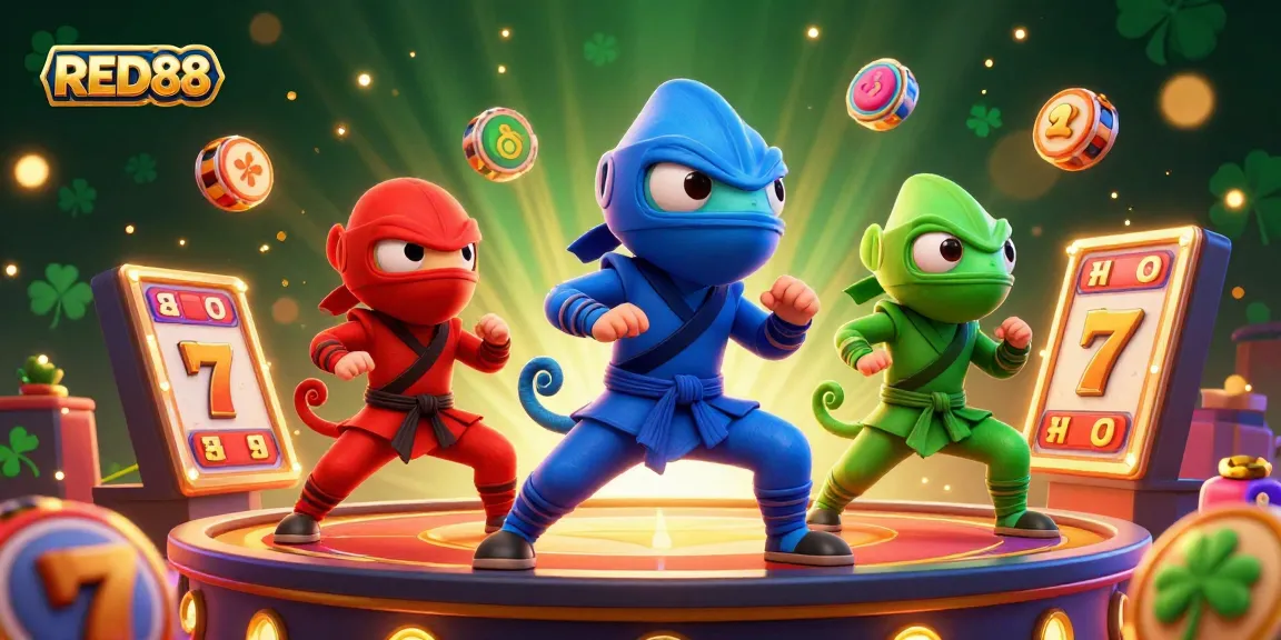 Experience exhilarating gameplay with RED88 as the ninja chameleon team engages in thrilling poses atop a vibrant casino rooftop.