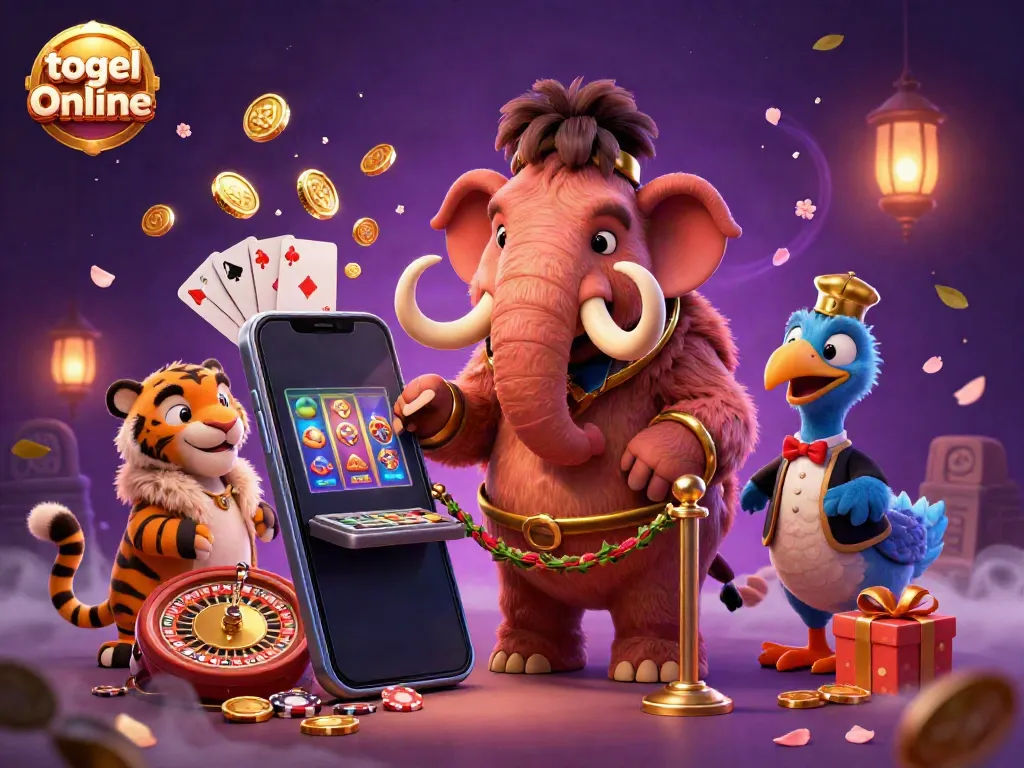 Engage in togel online excitement with vibrant characters and casino elements in a magical ambiance.