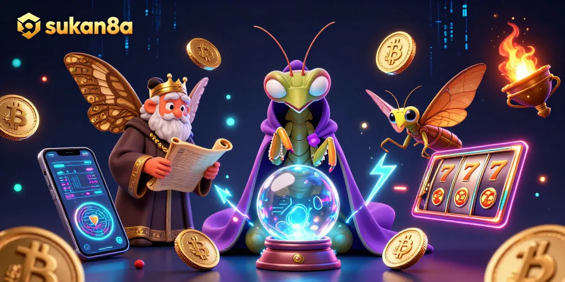 Experience sukan8a's mystical realm with vibrant slot reels and crypto elements in 3D illustration.
